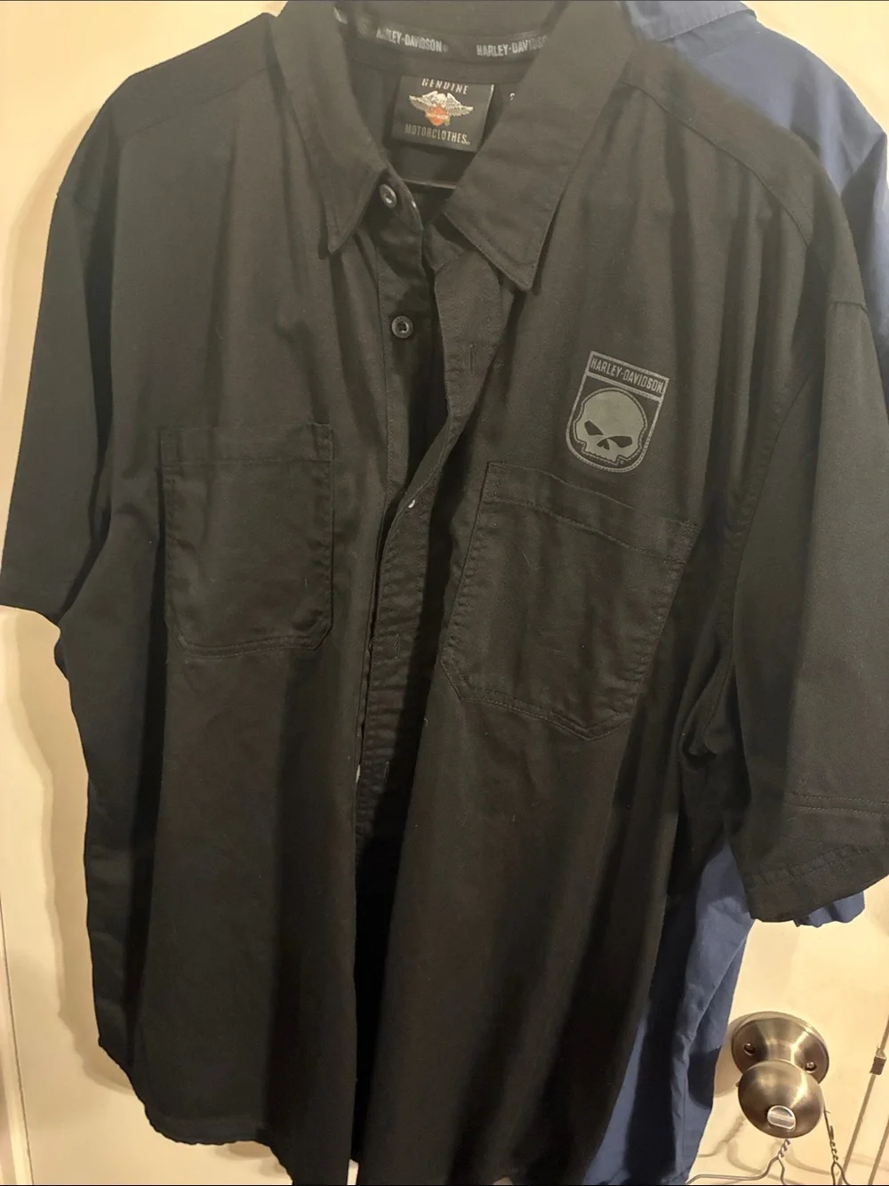 Harley-Davidson Navy Short-Sleeve Button-Up Shirt with Script and Shield Patch